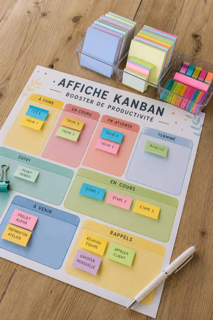 Poster Kanban illustrant l'organisation des tâches pour améliorer la productivité