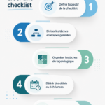 Une femme créant une checklist sur un carnet avec un stylo, symbolisant l'organisation pratique.