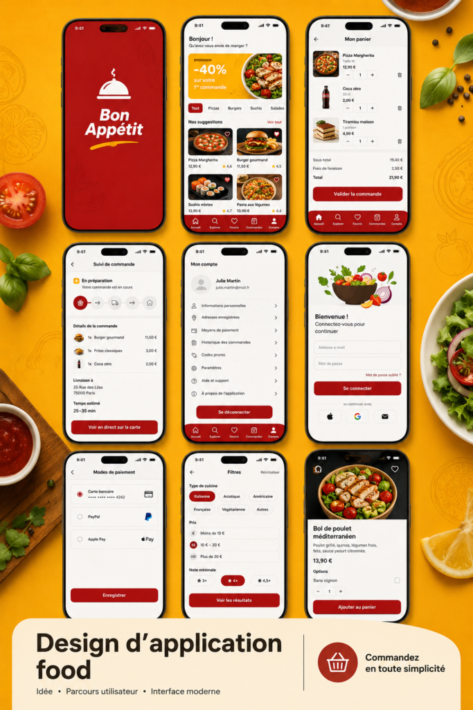 Exemple de design d'application culinaire moderne avec une interface utilisateur épurée