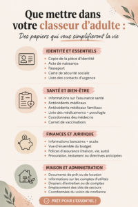 Une femme feuillette un dossier adulte contenant des documents essentiels.