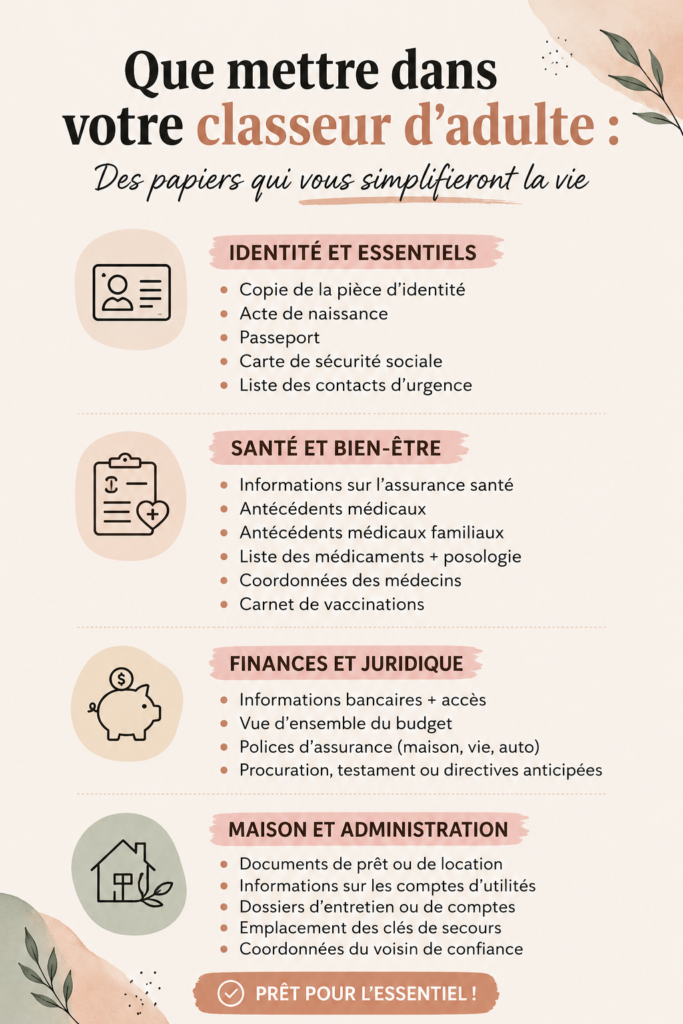 Une femme feuillette un dossier adulte contenant des documents essentiels.