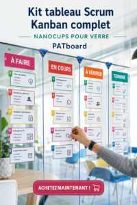 Un tableau Kanban coloré et organisé sur un bureau moderne, mettant en avant le kit complet.