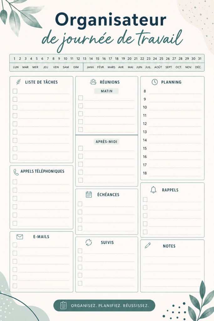 Modèle imprimable d'organisateur de journée de travail avec un design attrayant.