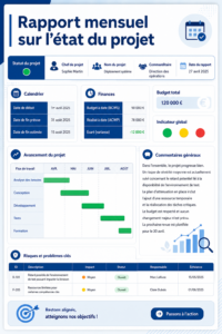 Image représentant un document de rapport d'état de projet mensuel bien structuré et clair.