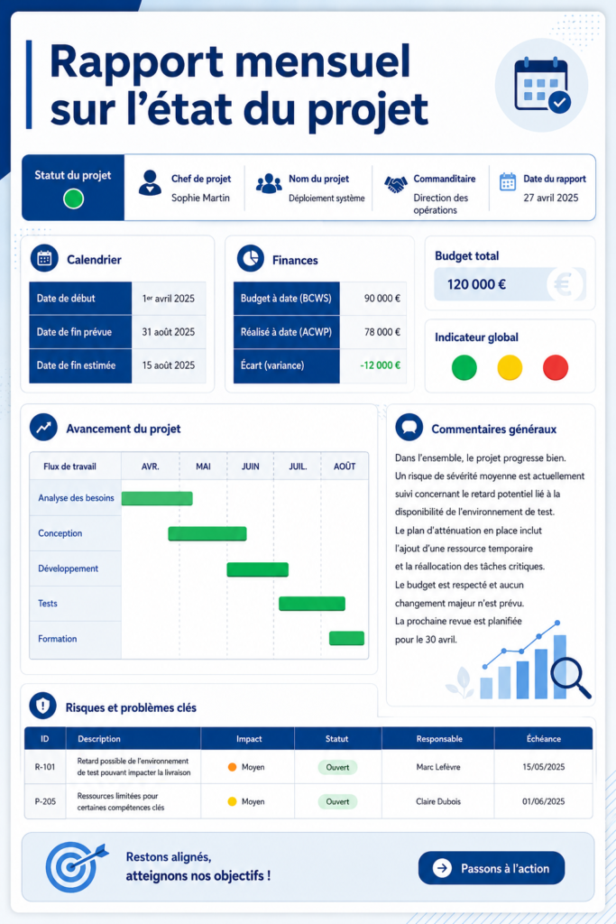 Image représentant un document de rapport d'état de projet mensuel bien structuré et clair.