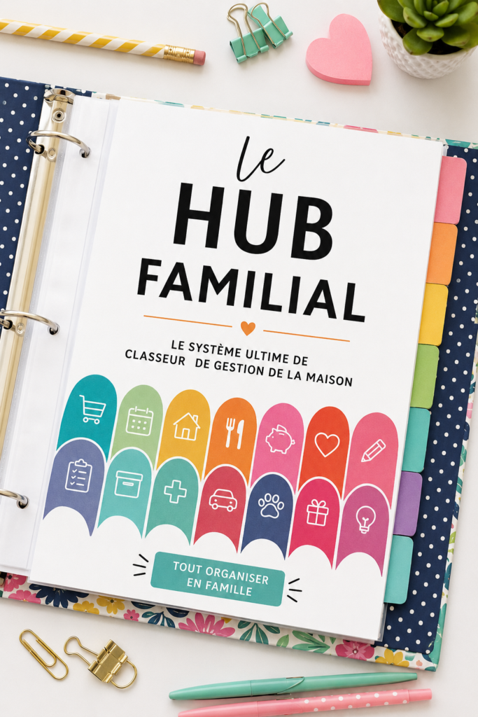 Un carnet de gestion familiale organisé sur une table avec des fournitures de bureau