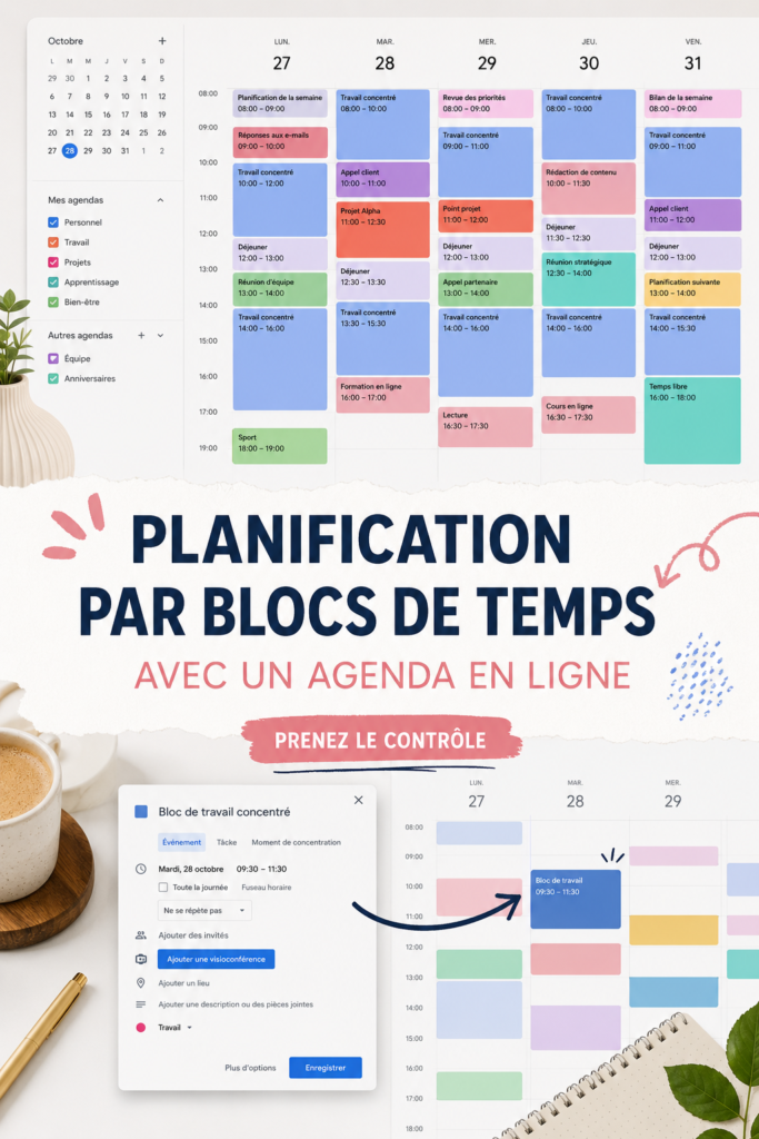 Femme utilisant Google Calendar pour le time blocking