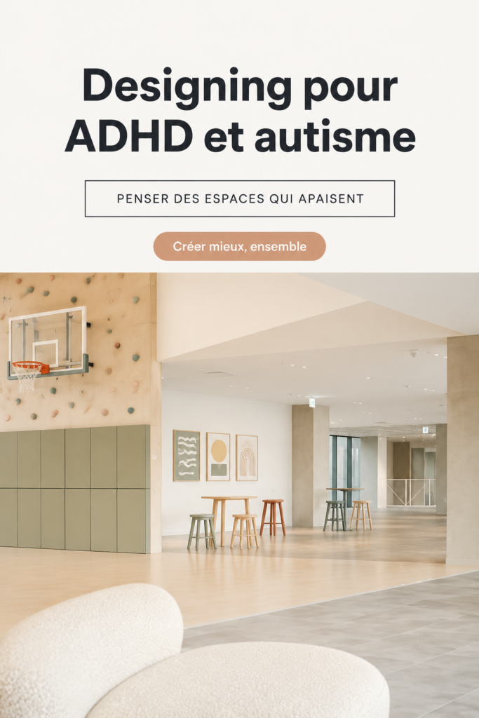Intérieur chaleureux et adapté pour une personne avec ADHD ou autisme, illustrant des zones de détente et d'activités.