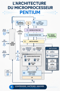 Illustration de l'architecture d'un microprocesseur Pentium, montrant les principaux composants et leurs interactions.