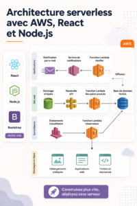 Vue d'une architecture serverless avec AWS, React et Node.js, illustrant les interactions entre services