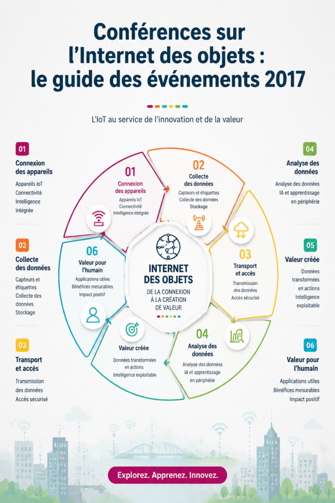 Affiche d'une conférence IoT avec des participants échangeant des idées.