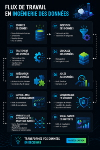 Une illustration sur le data engineering montrant des professionnels collaborant autour des données.
