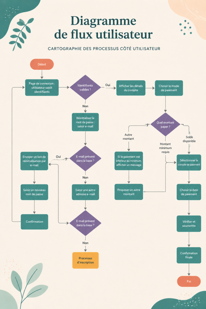 Un diagramme de flux utilisateur bien structuré sur un fond blanc.