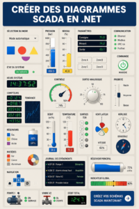 Un écran d'ordinateur affichant un diagramme SCADA élaboré avec .NET.