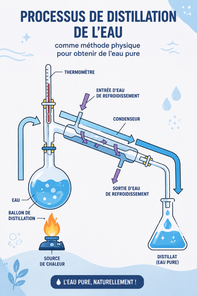Schéma illustrant le processus de distillation pour obtenir de l'eau pure.