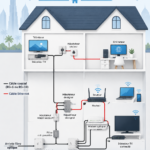 Installation d'un réseau domestique avec câble fibre optique dans une maison moderne.