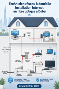 Installation d'un réseau domestique avec câble fibre optique dans une maison moderne.