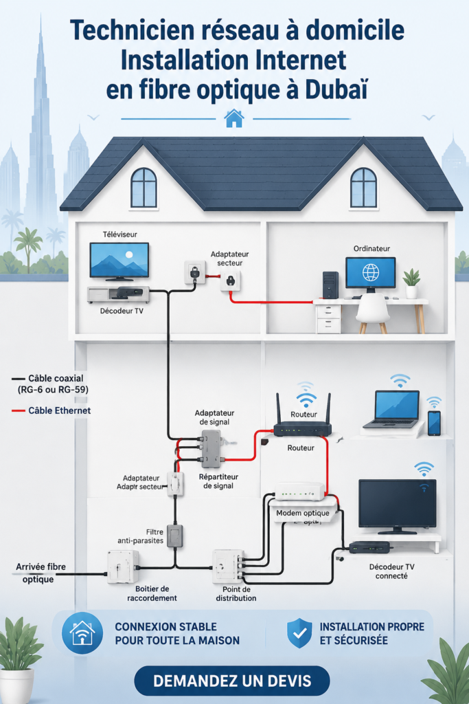 Installation d'un réseau domestique avec câble fibre optique dans une maison moderne.