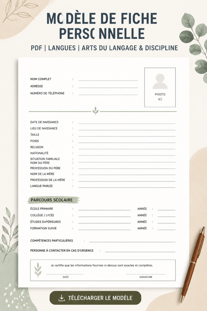 Modèle de fiche personnelle avec des sections pour organiser les données