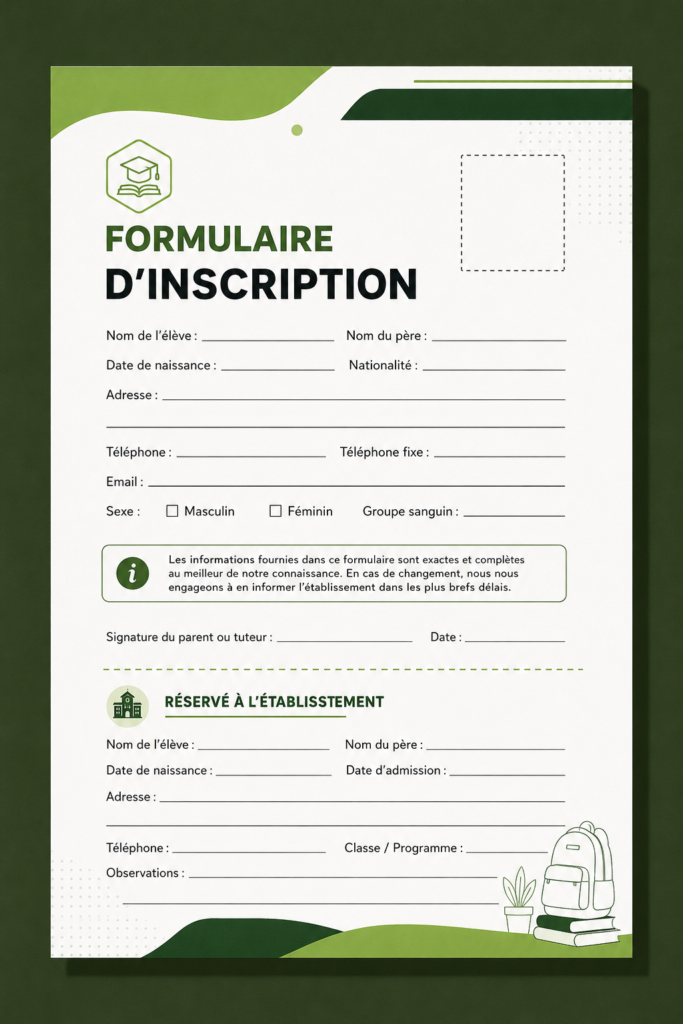 Exemple de modèle d'inscription scolaire à imprimer, avec un design épuré et fonctionnel.