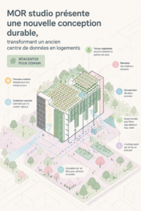Rendu architectural du projet de MOR Studio transformant un ancien centre de données en logements durables.
