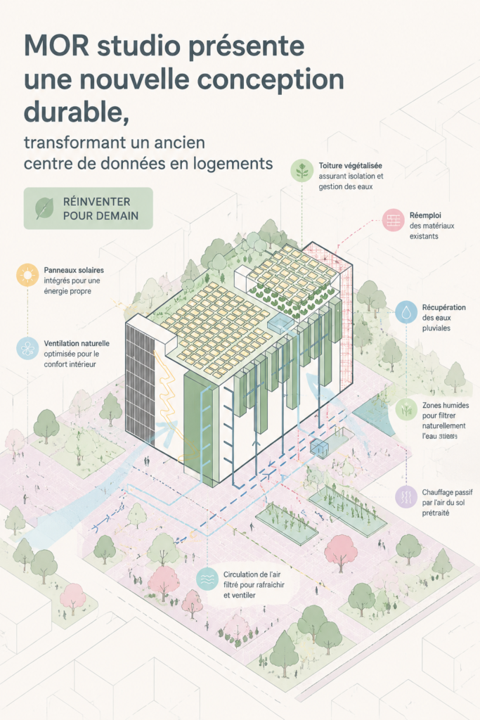 Rendu architectural du projet de MOR Studio transformant un ancien centre de données en logements durables.