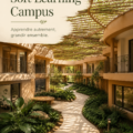 Une image représentant un campus moderne avec des étudiants en train d'apprendre en douceur, illustrant le Soft Learning Campus.