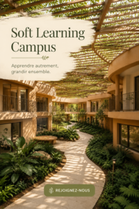 Une image représentant un campus moderne avec des étudiants en train d'apprendre en douceur, illustrant le Soft Learning Campus.