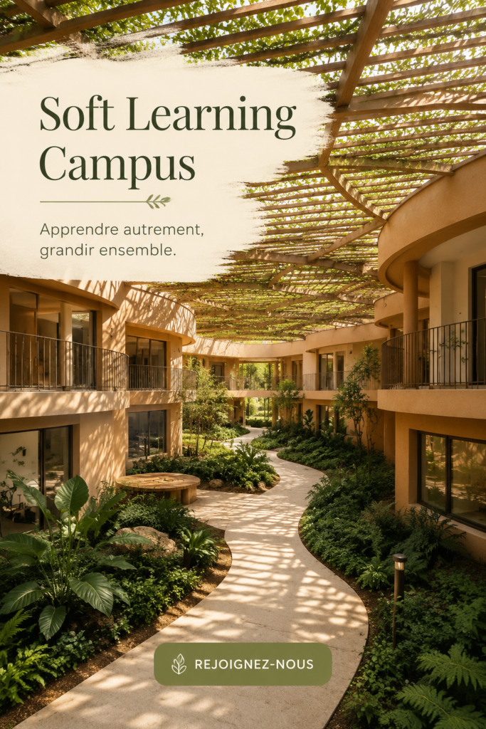 Une image représentant un campus moderne avec des étudiants en train d'apprendre en douceur, illustrant le Soft Learning Campus.