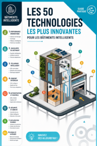 Un bâtiment intelligent moderne avec des panneaux solaires et des technologies connectées.