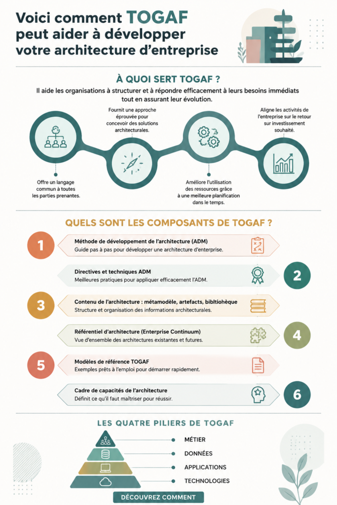 Une représentation graphique de TOGAF intégrée dans un système informatique d'entreprise.
