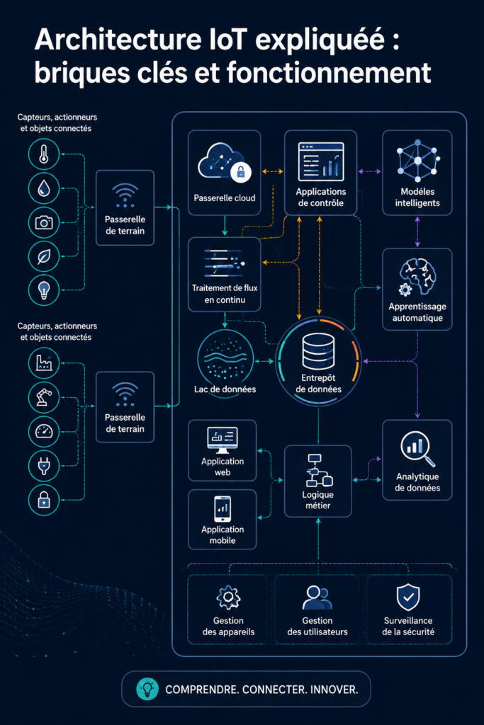 Illustration de l'architecture de l'Internet des objets avec des objets connectés