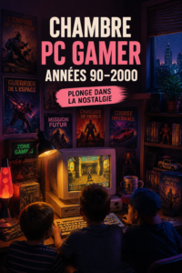 Chambre de gamer inspirée des années 90 avec mobilier rétro et équipements modernes
