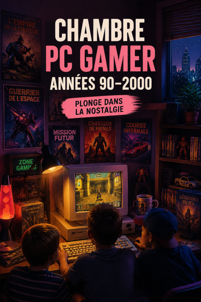 Chambre de gamer inspirée des années 90 avec mobilier rétro et équipements modernes