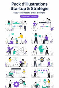 Illustration représentant une startup dynamique avec des éléments d'innovation et de stratégie.