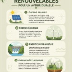 Une illustration d'énergies renouvelables comme l'énergie solaire et éolienne.