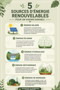 Une illustration d'énergies renouvelables comme l'énergie solaire et éolienne.