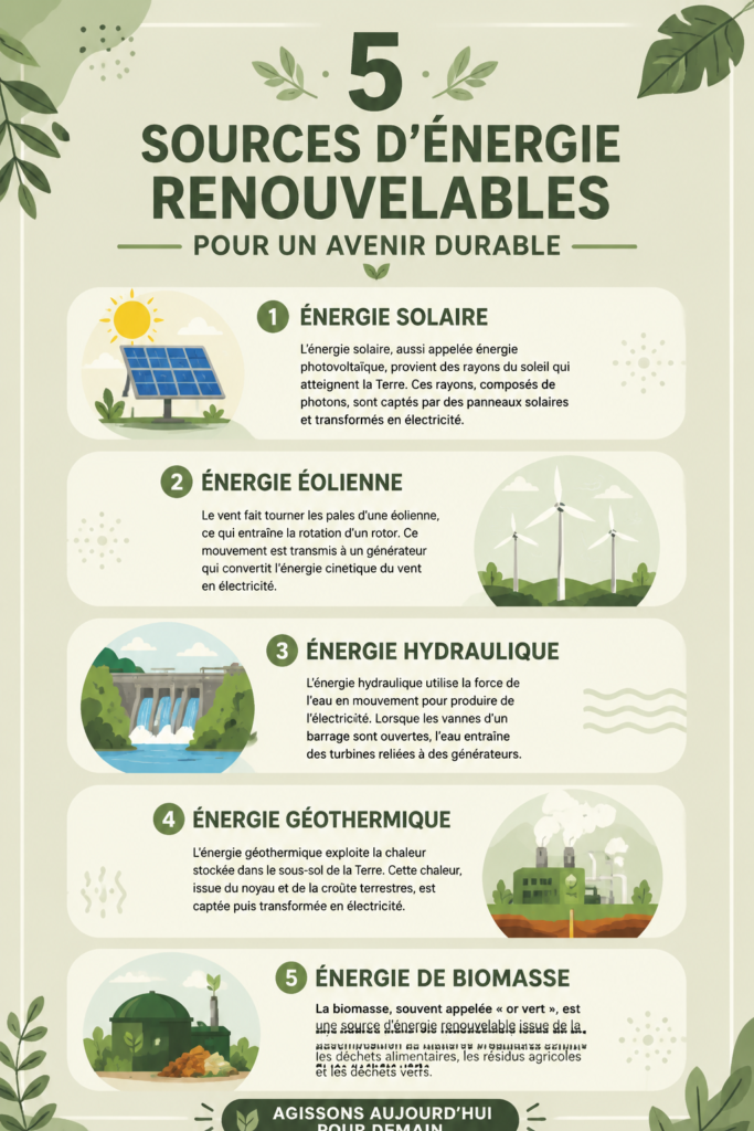 Une illustration d'énergies renouvelables comme l'énergie solaire et éolienne.