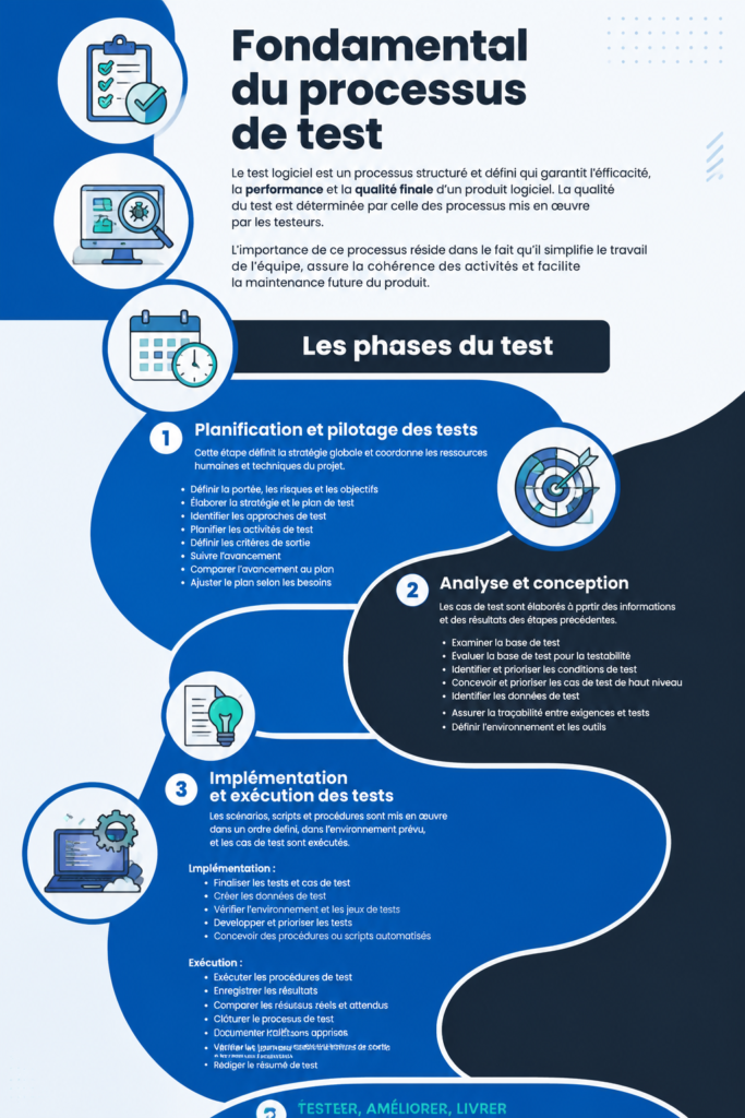 Un groupe de professionnels discutant des fondamentaux du processus de test dans un environnement de travail collaboratif.