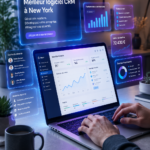 Un écran d'ordinateur affichant un logiciel CRM moderne dans un bureau à New York.