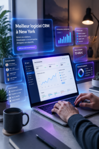 Un écran d'ordinateur affichant un logiciel CRM moderne dans un bureau à New York.