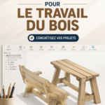 Capture d'écran d'un logiciel de CAO pour le travail du bois, montrant des plans et des outils numériques.