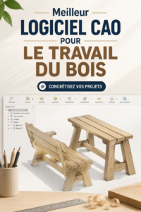 Capture d'écran d'un logiciel de CAO pour le travail du bois, montrant des plans et des outils numériques.