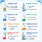 Processus de distillation en chimie, montrant les différentes étapes de séparation.