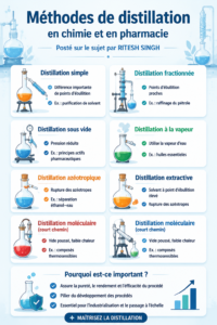 Processus de distillation en chimie, montrant les différentes étapes de séparation.