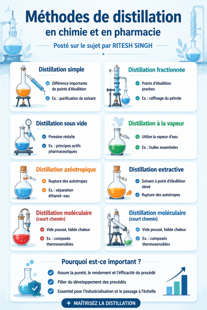 Processus de distillation en chimie, montrant les différentes étapes de séparation.