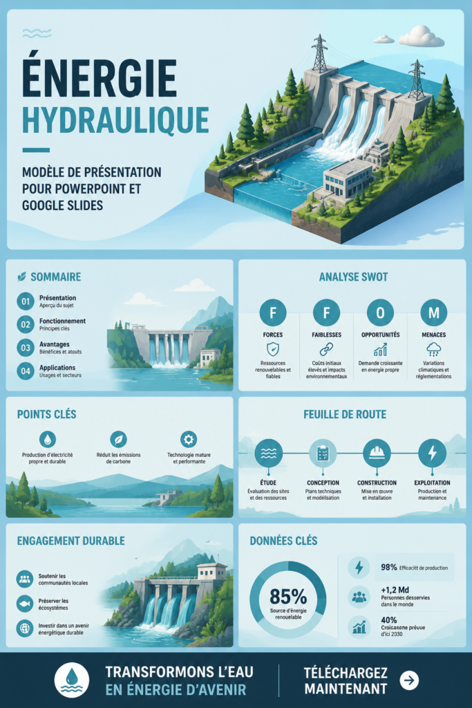 Modèle de présentation graphique sur l'énergie hydraulique avec des slides modernes.