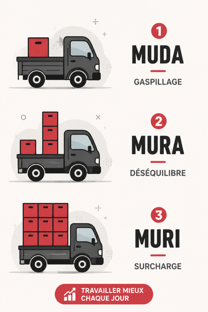 Illustration des principes Muda, Mura et Muri pour améliorer la productivité au travail