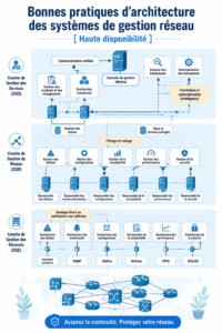Illustration d'un système de gestion de réseau moderne avec différents appareils connectés.