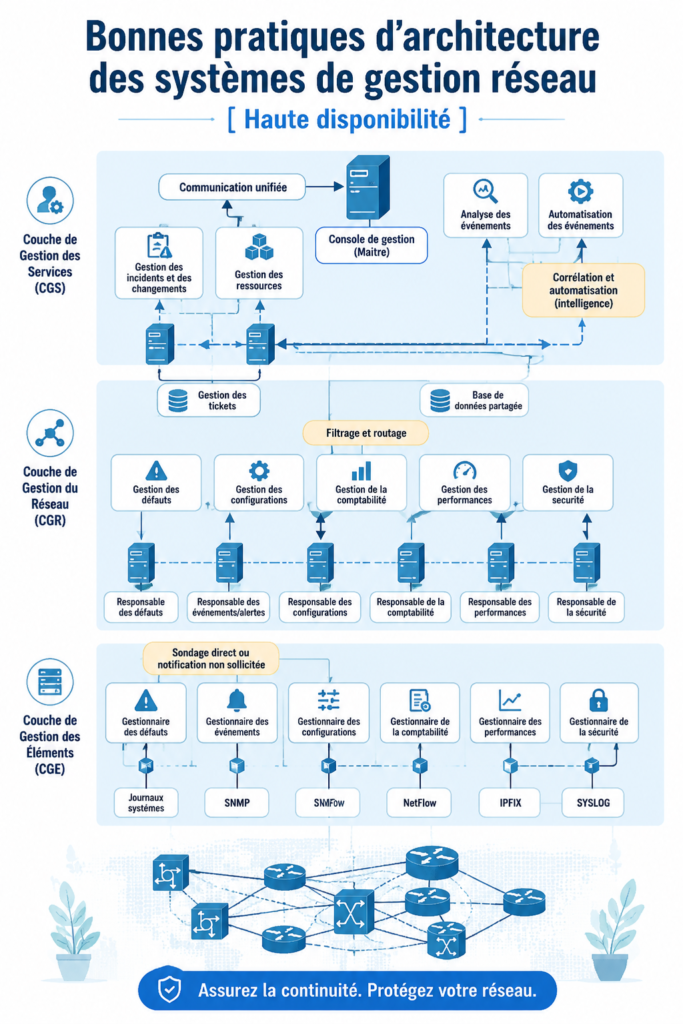 Illustration d'un système de gestion de réseau moderne avec différents appareils connectés.